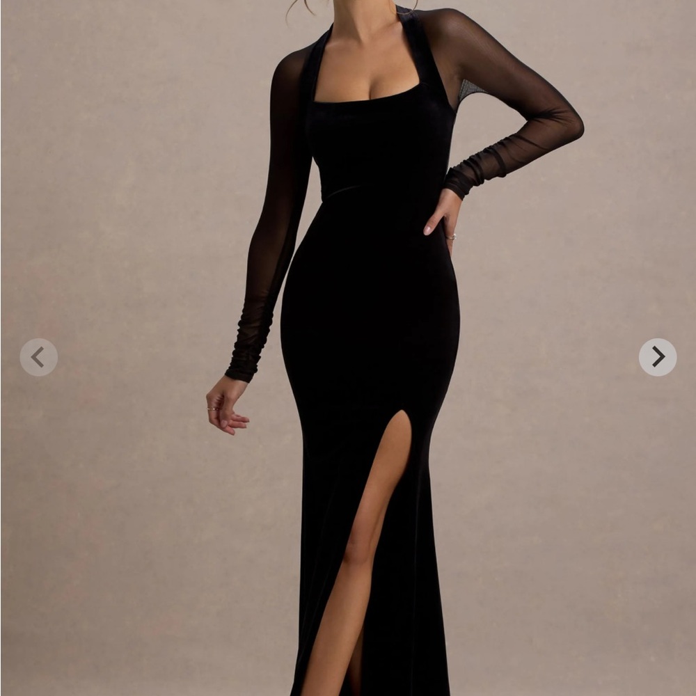 Club London APRES Black Velvet Bodycon Split Maxi Dress With Sheer Sleeves